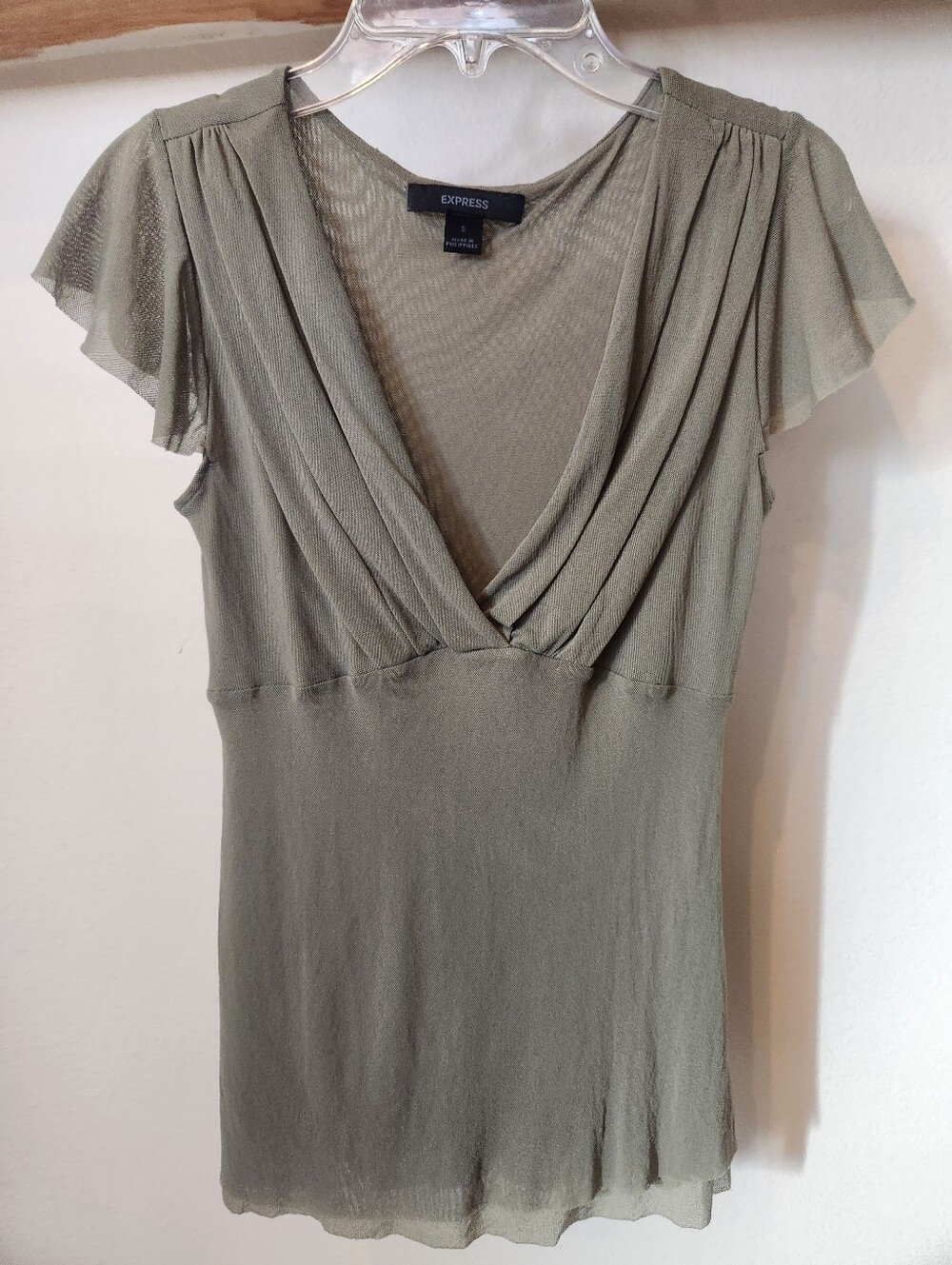 Express Olive Green V-Neck Sheer Flutter Sleeve Blouse